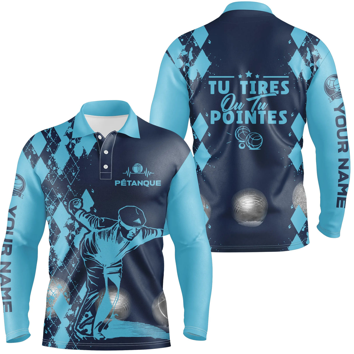 Polo pétanque bleu turquoise variante design citation classique damier silhouette personnalisable