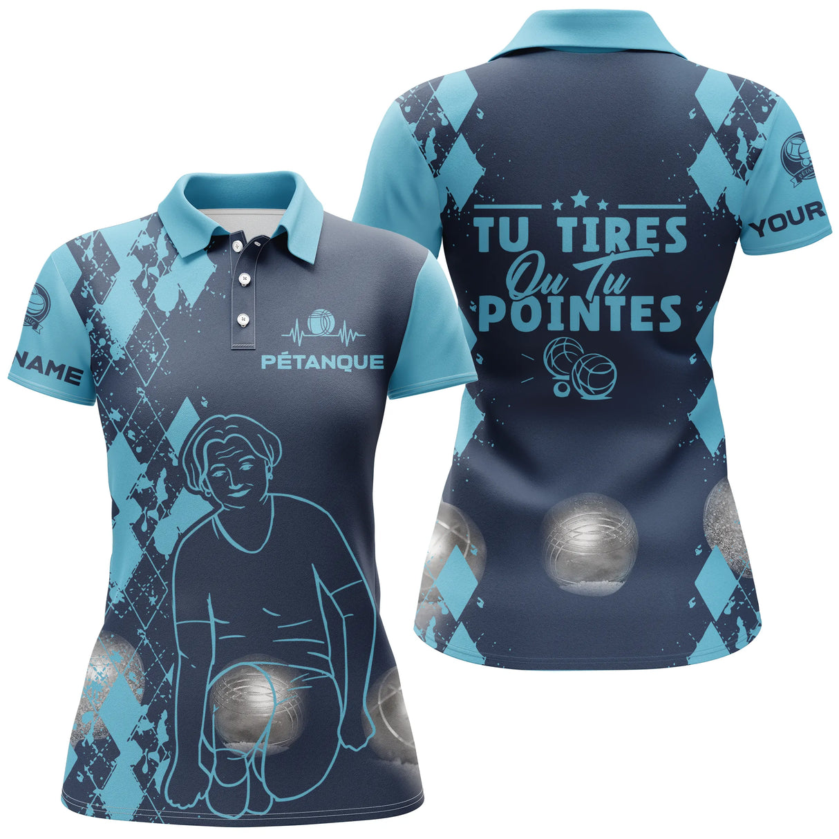 Polo pétanque bleu turquoise manche texte personnalisé sublimation intégrale design damier