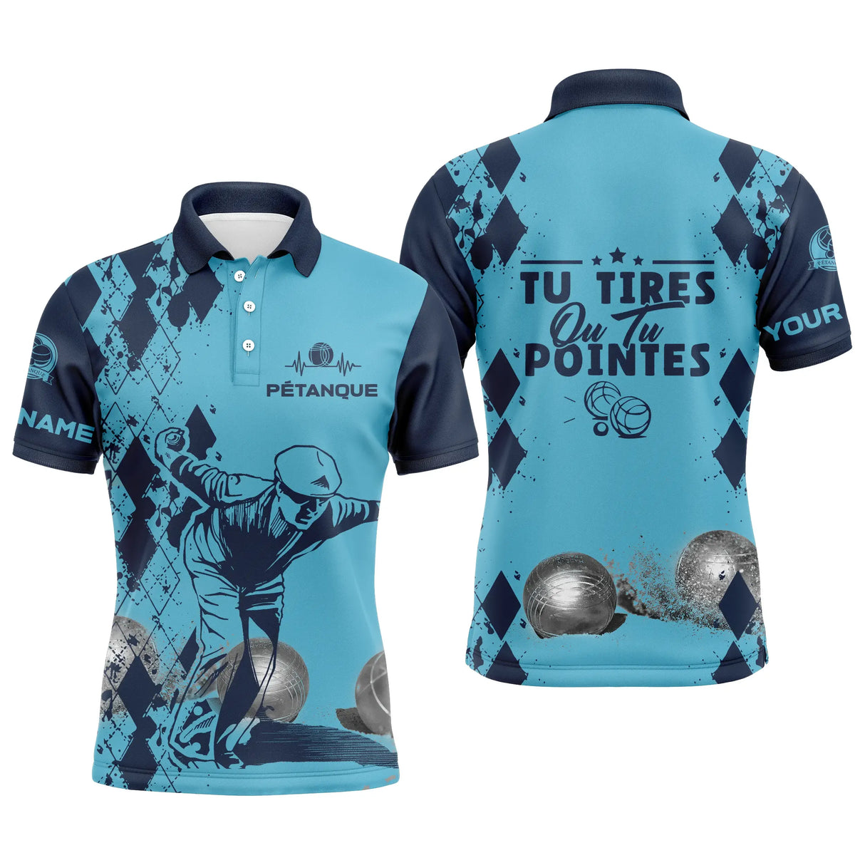 Polo pétanque bleu turquoise damier silhouette joueur lancer boules réalistes message tirer ou pointer YOUR NAME