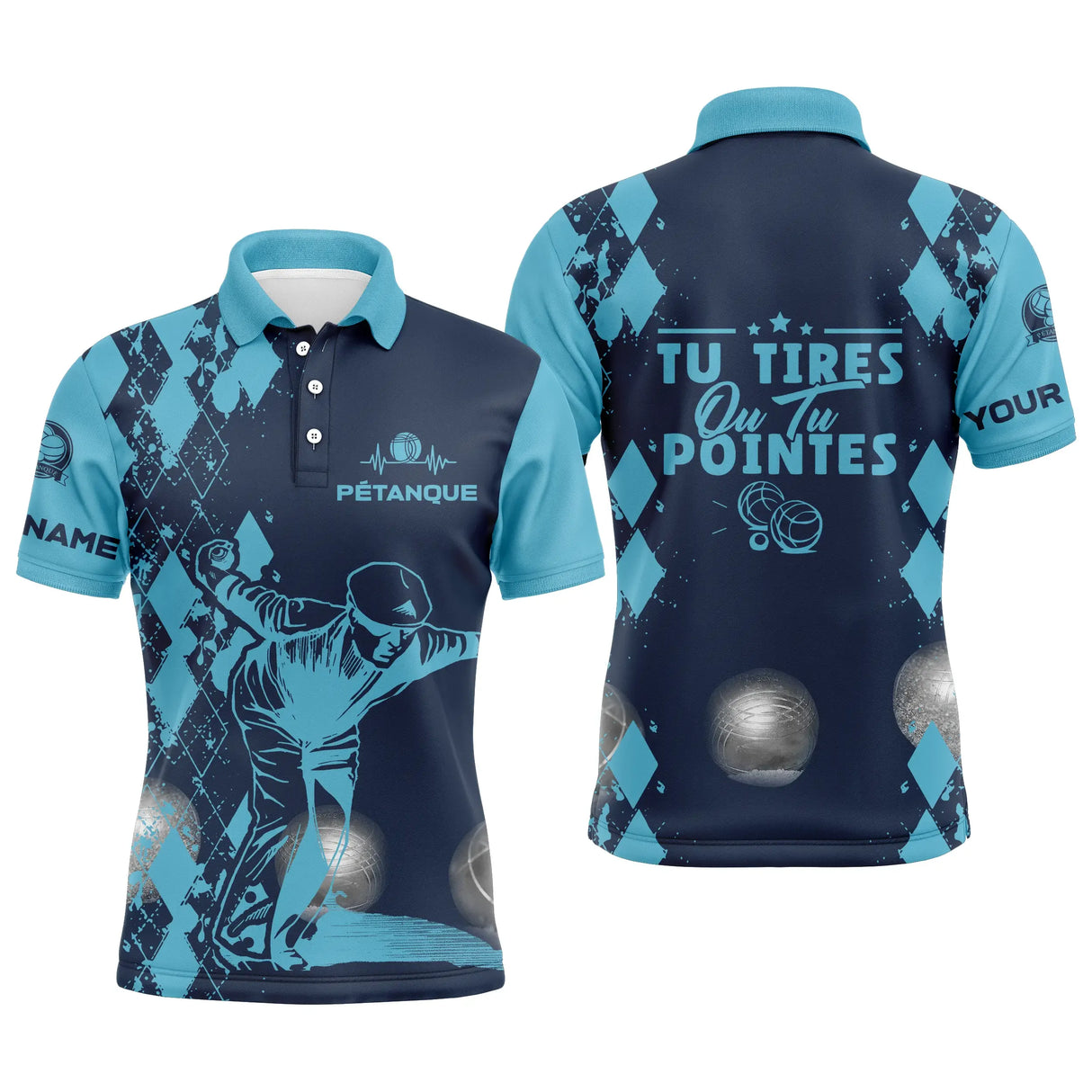 Polo pétanque bleu turquoise vue dos message tirer ou pointer silhouette joueur boules damier