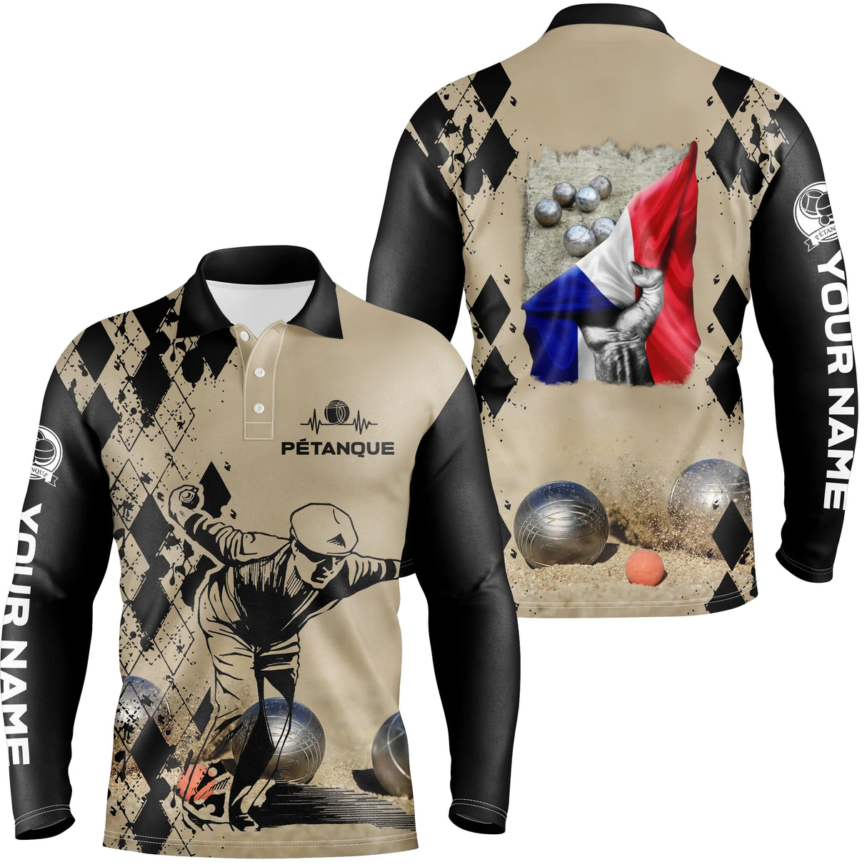Polo pétanque sable beige détail boules réalistes silhouette joueur lancer damier drapeau français