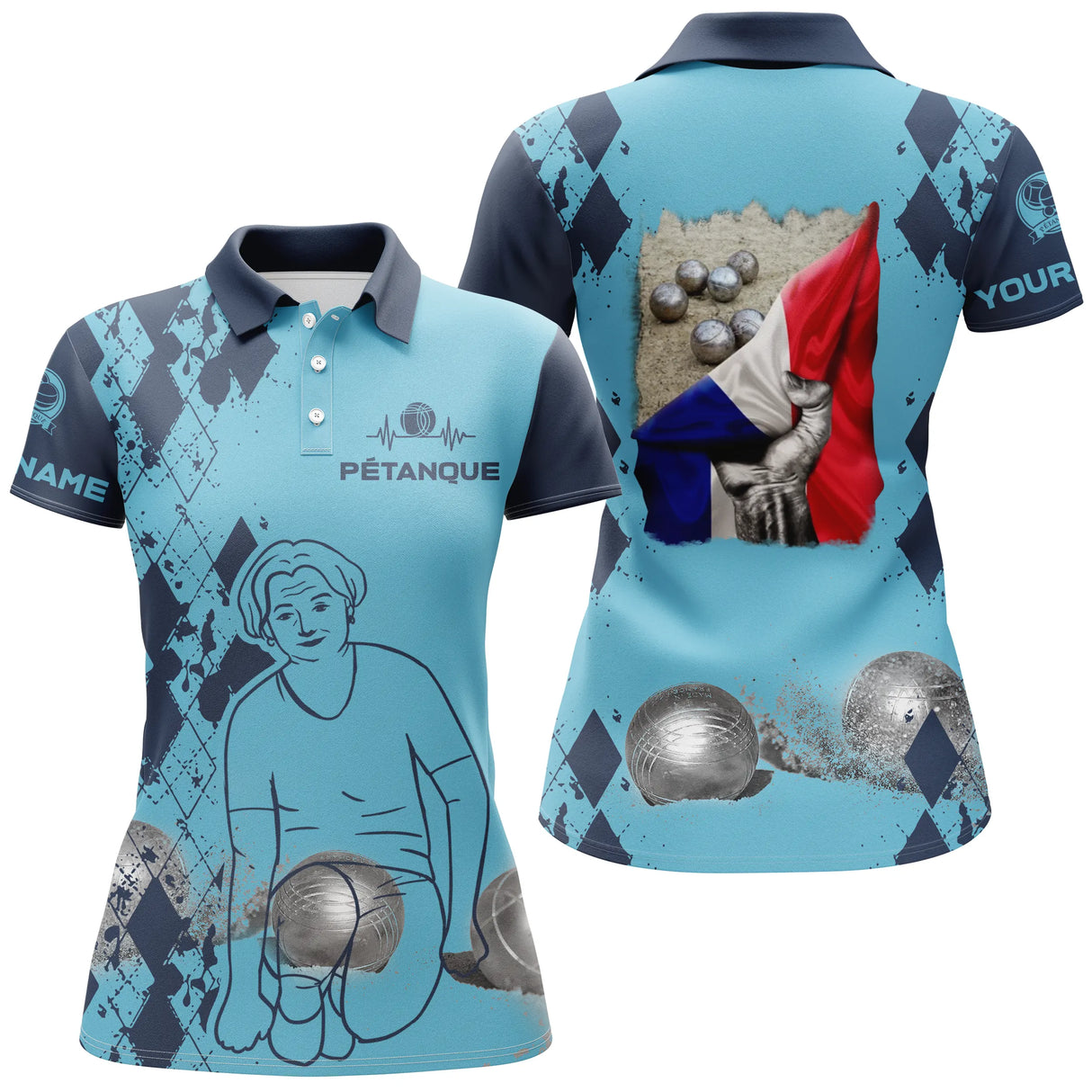 Polo pétanque sable beige manche texte personnalisé sublimation intégrale design damier tricolore