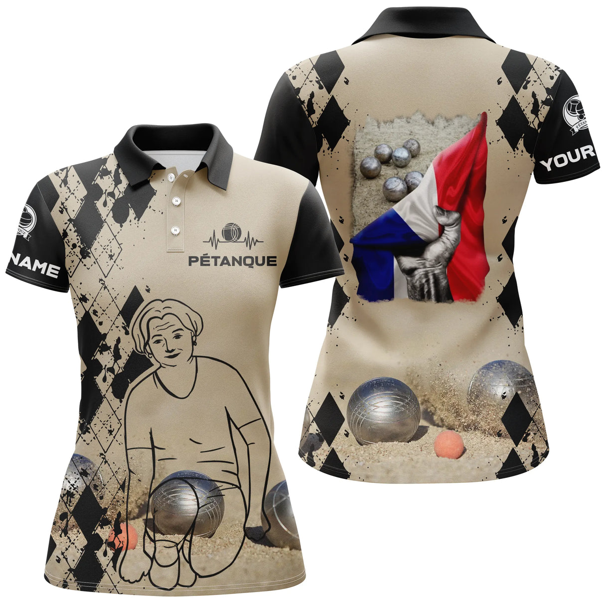 Polo pétanque sable beige vue détail drapeau tricolore boules réalistes logo personnalisable damier
