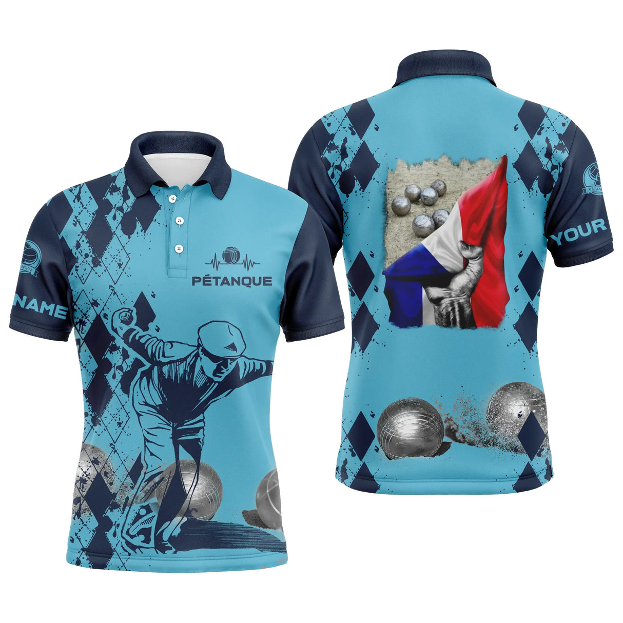 Polo pétanque sable beige vue dos drapeau tricolore silhouette joueur boules réalistes damier patriotique