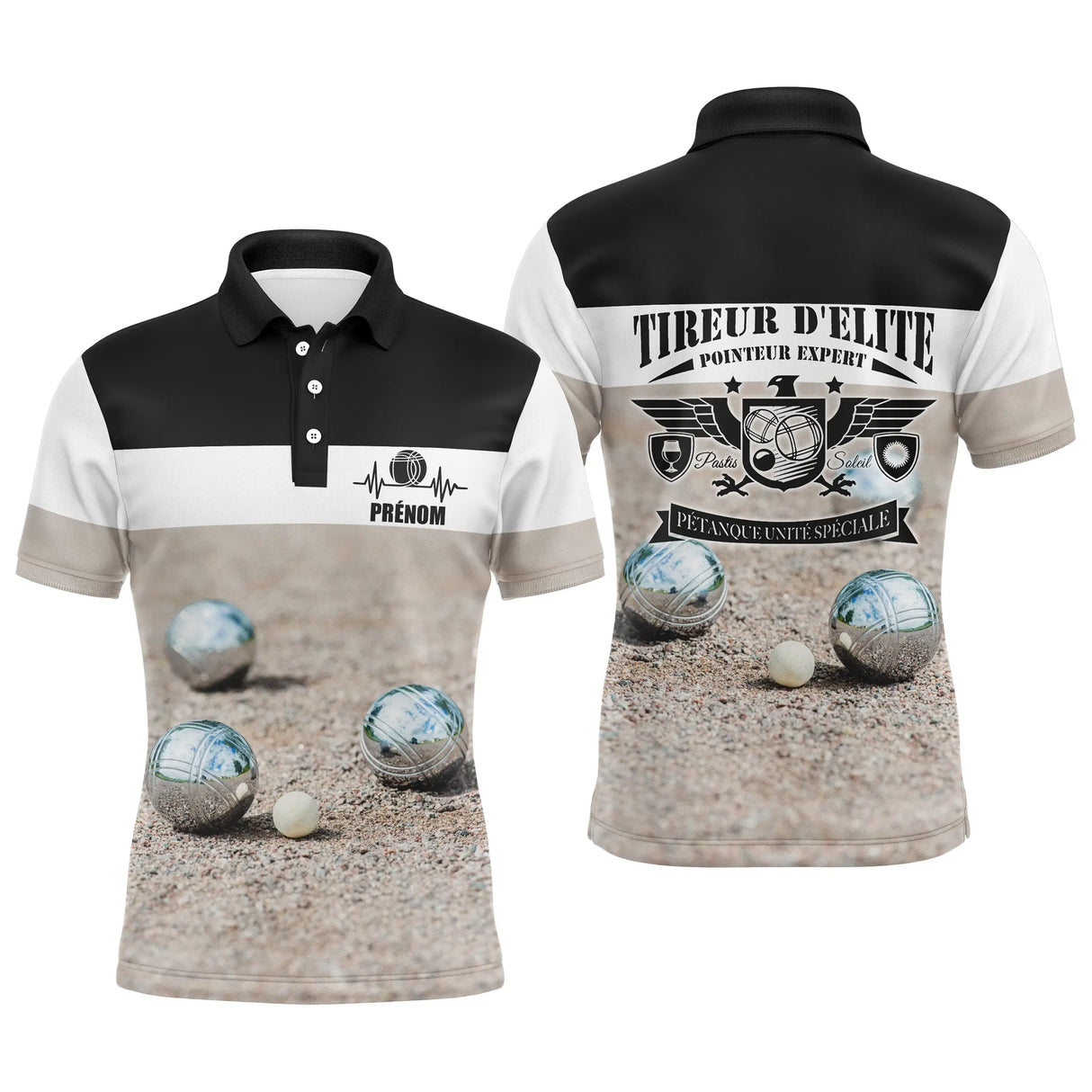 Polo pétanque personnalisé blanc noir avec silhouette bouliste et lettrage Tireur d'Élite Pointeur Expert, prénom imprimé