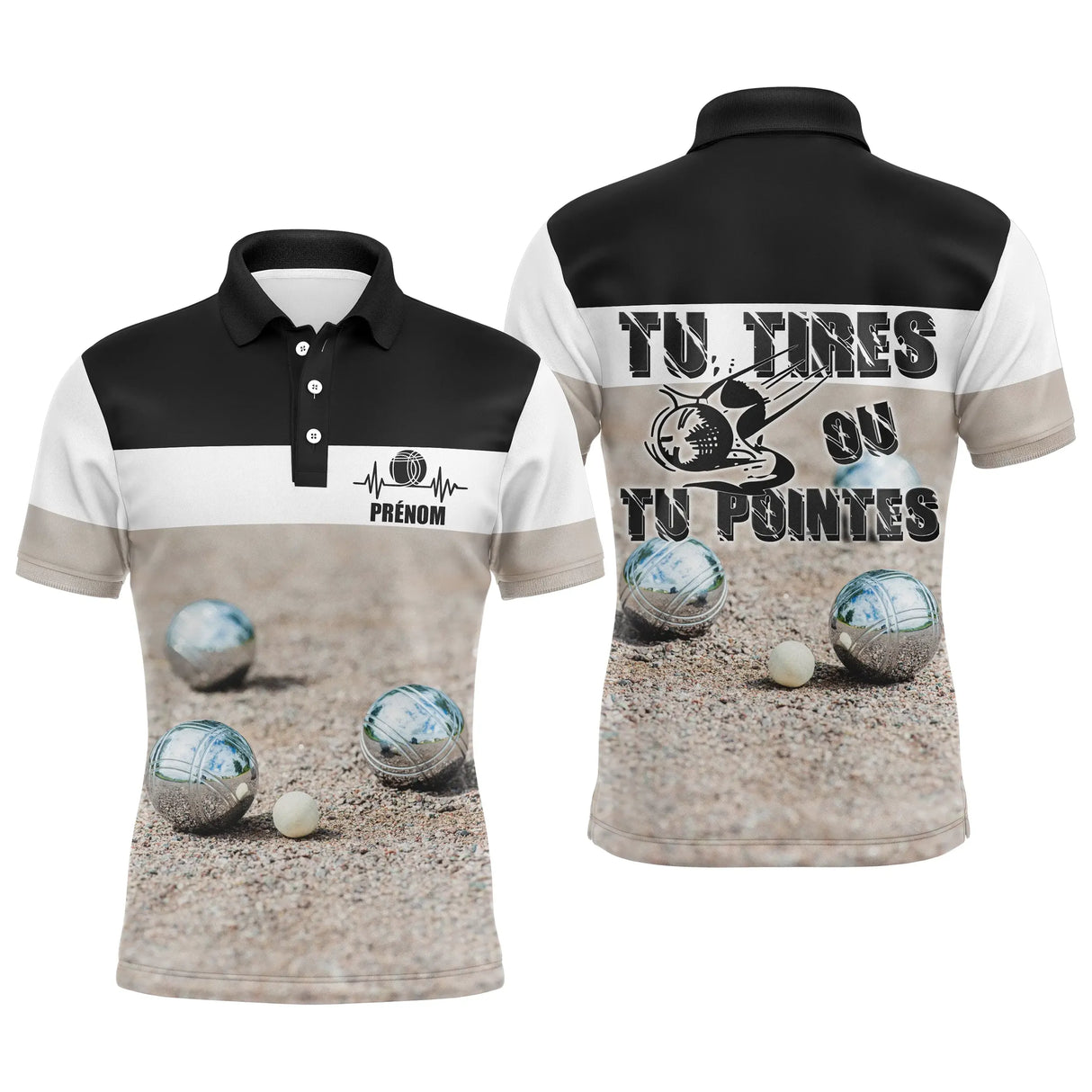 Polo pétanque noir et blanc photo réaliste boules sur terre cochonnet message tirer ou pointer PRÉNOM