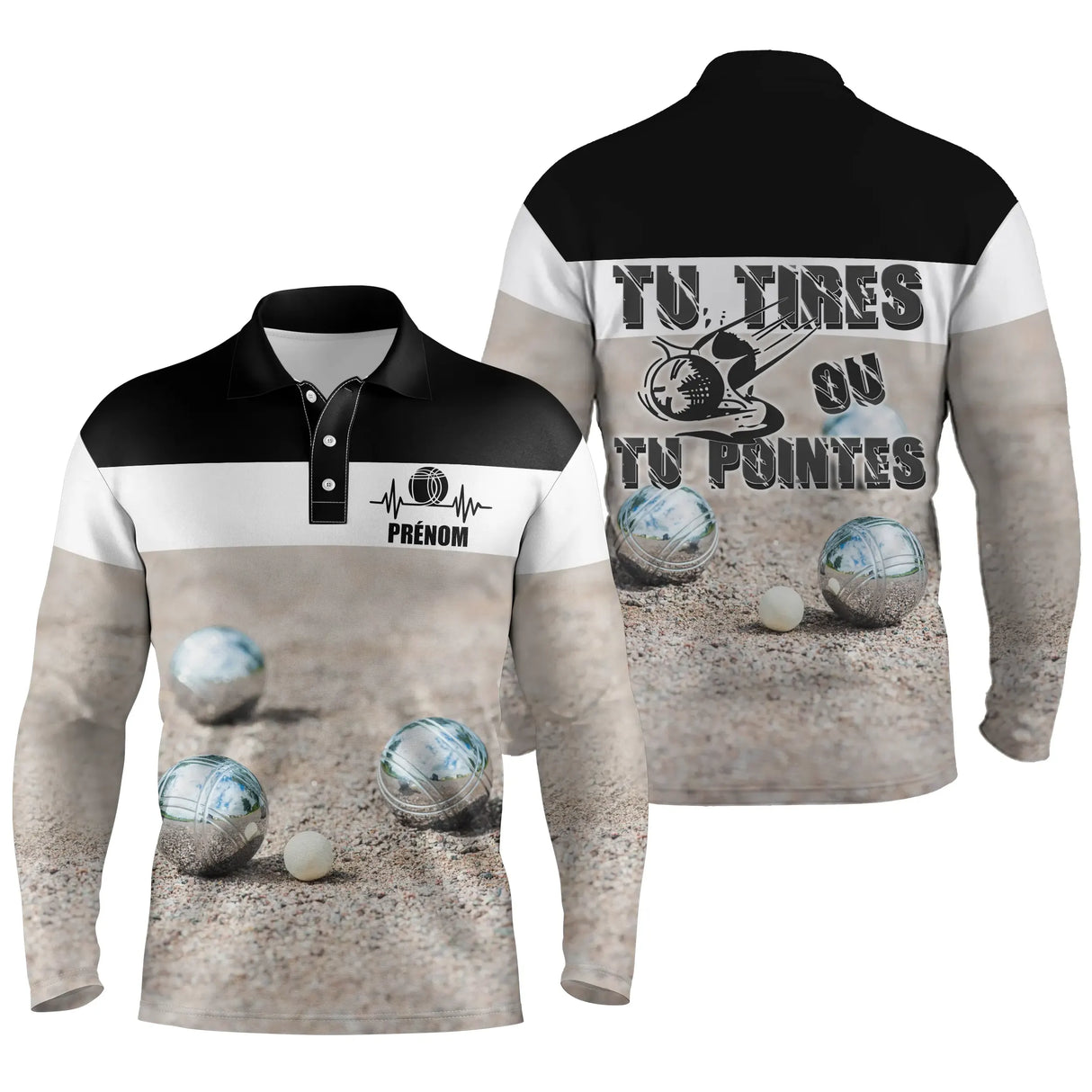 Polo pétanque noir et blanc variante coloris boules réalistes citation bouliste personnalisable