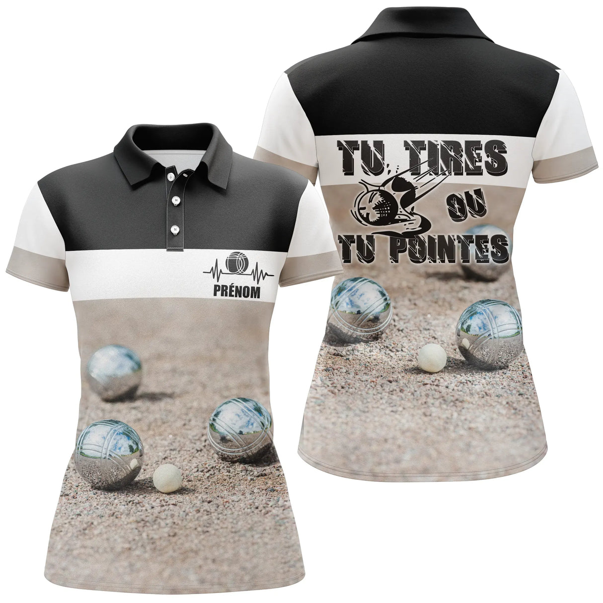 Polo pétanque noir et blanc vue dos message tirer ou pointer boules réalistes terre