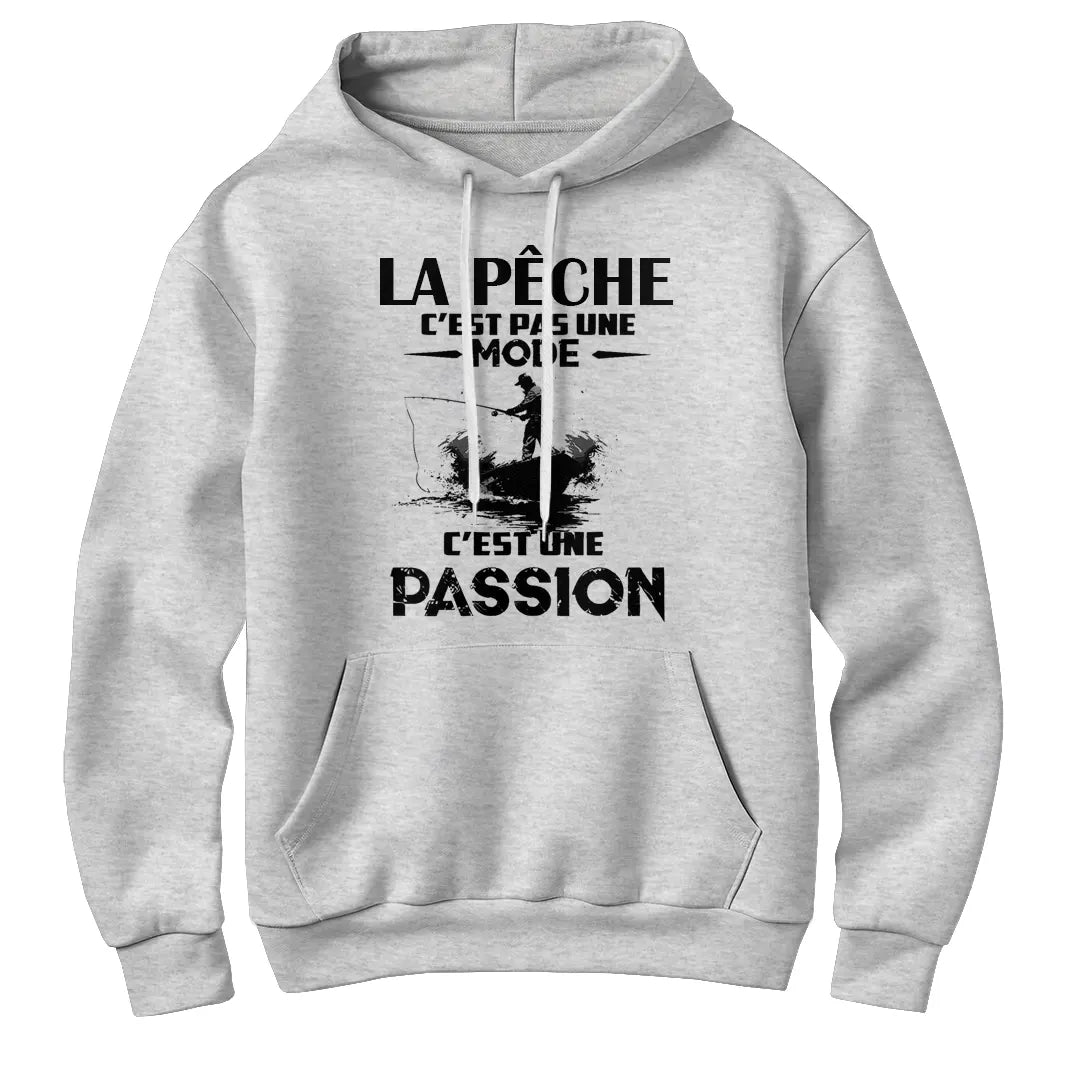 Sweat à capuche pêche passion gris chiné avec silhouette pêcheur et inscription humoristique