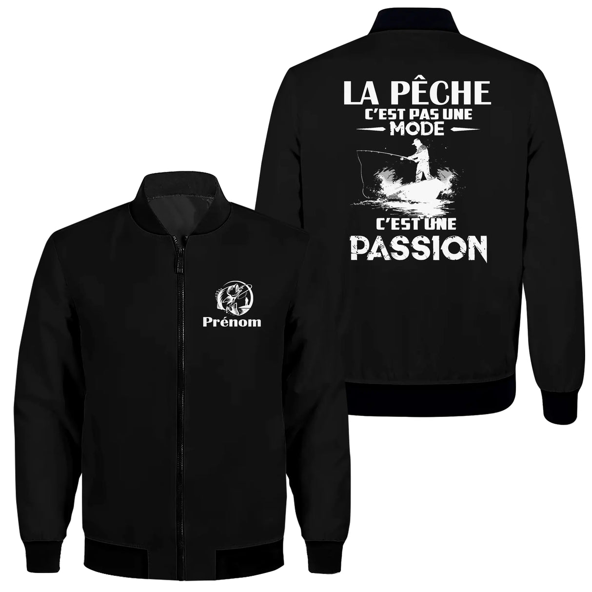 Sweat capuche zippé pêche passion noir avec slogan La Pêche c'est pas une mode et silhouette pêcheur