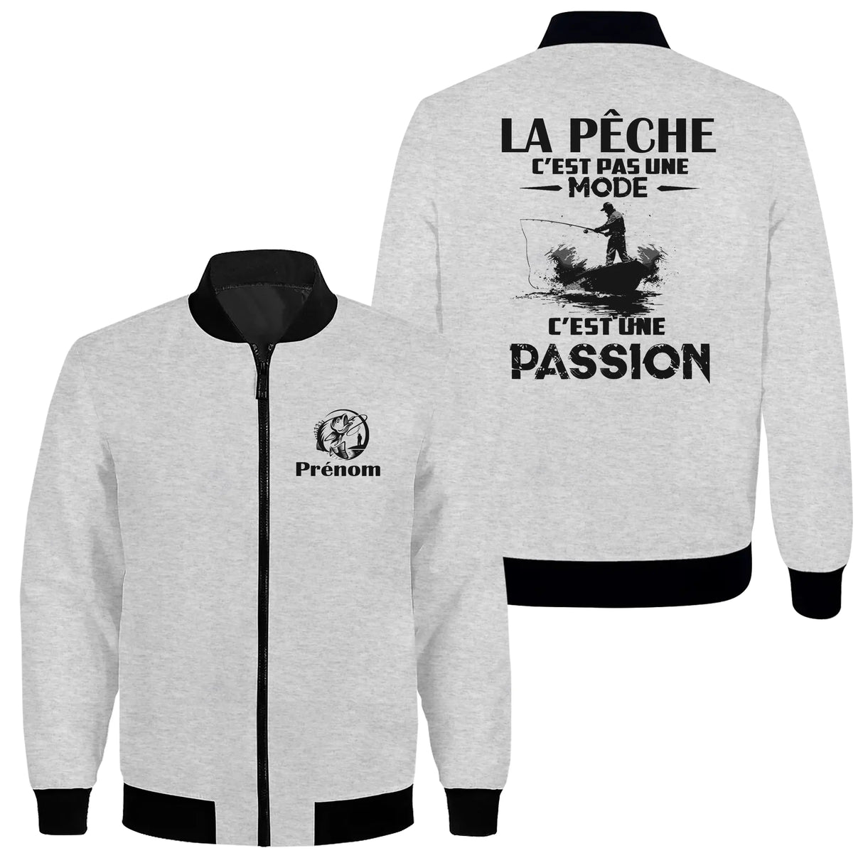 Sweat capuche zippé pêche passion gris chiné avec silhouette pêcheur et personnalisation prénom