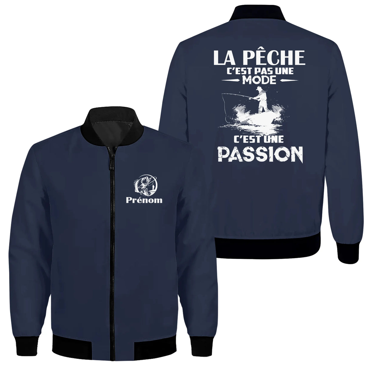 Sweat capuche zippé pêche passion bleu marine avec design pêcheur stylisé et inscription Passion