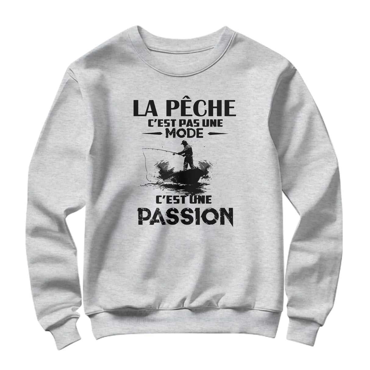 Sweat-shirt pêche passion gris chiné avec design pêcheur et inscription Passion brodée