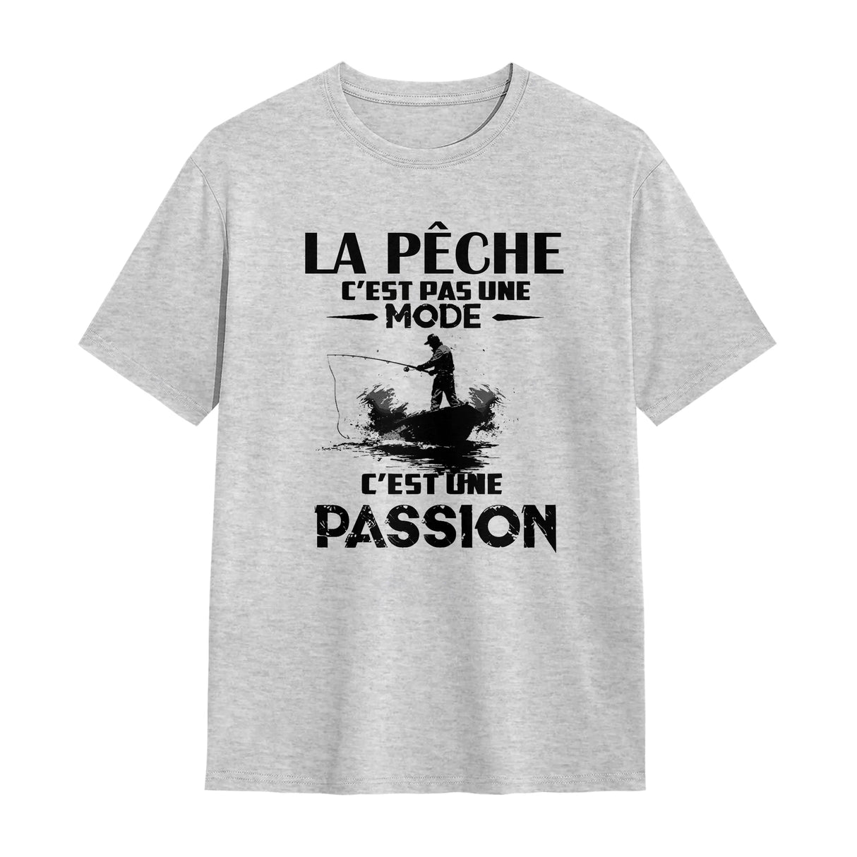 T-shirt pêche passion gris chiné avec silhouette pêcheur en action et inscription humoristique