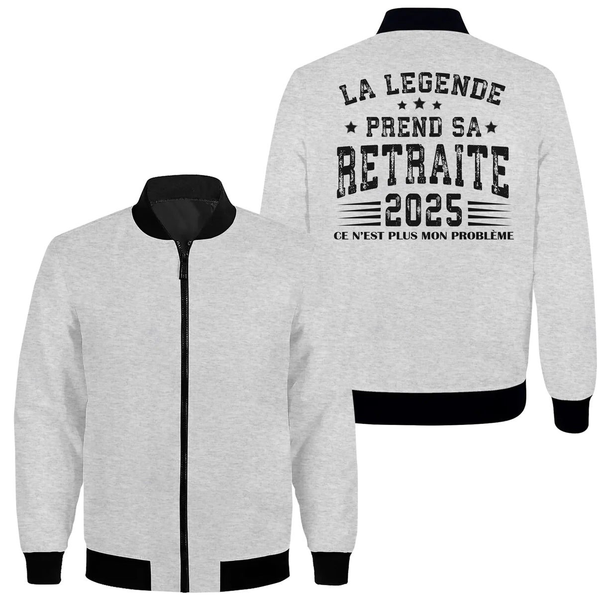 Sweat capuche zippé retraite humour gris chiné avec design étoiles et année personnalisable