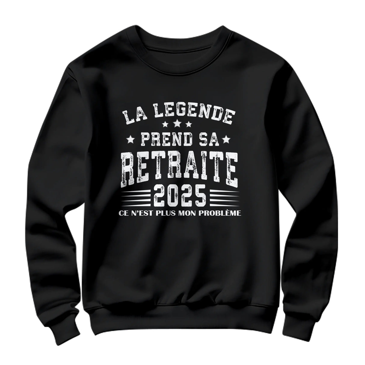 Sweat retraite humour noir col rond avec design étoiles et message humoristique de départ