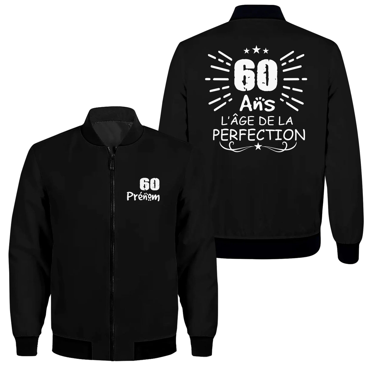 Veste zippée 60 ans personnalisée noire avec slogan L'âge de la perfection sur la poitrine