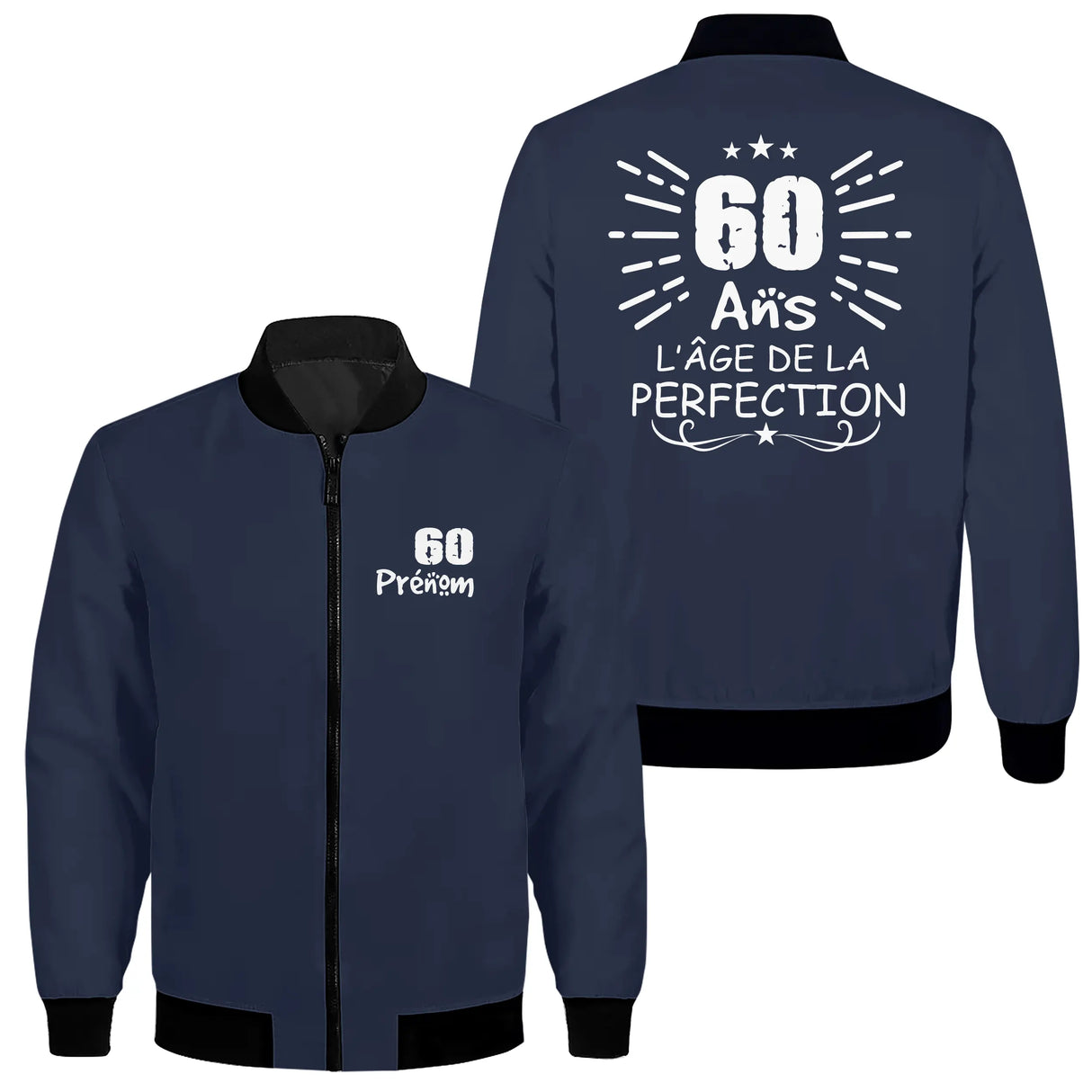 Veste zippée 60 ans personnalisée bleu marine slogan L'âge de la perfection rayons