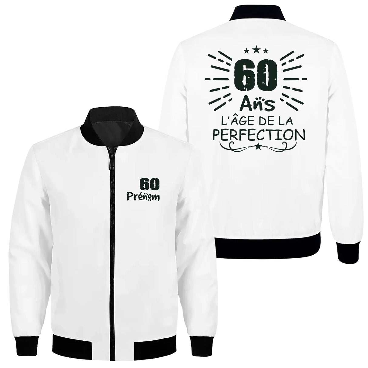 Veste zippée 60 ans personnalisée blanche avec slogan L'âge de la perfection en noir
