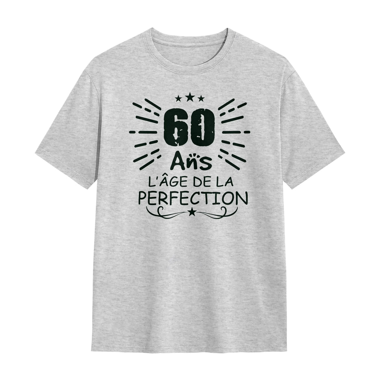 T-shirt 60 ans personnalisé gris avec slogan L'âge de la perfection rayons graphiques