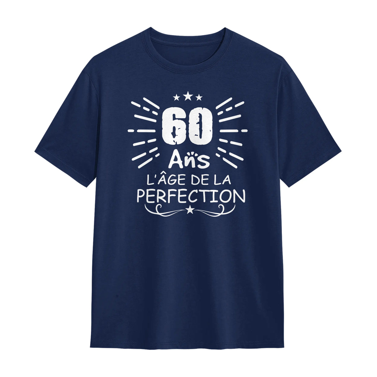 T-shirt 60 ans personnalisé bleu marine avec typographie L'âge de la perfection en blanc