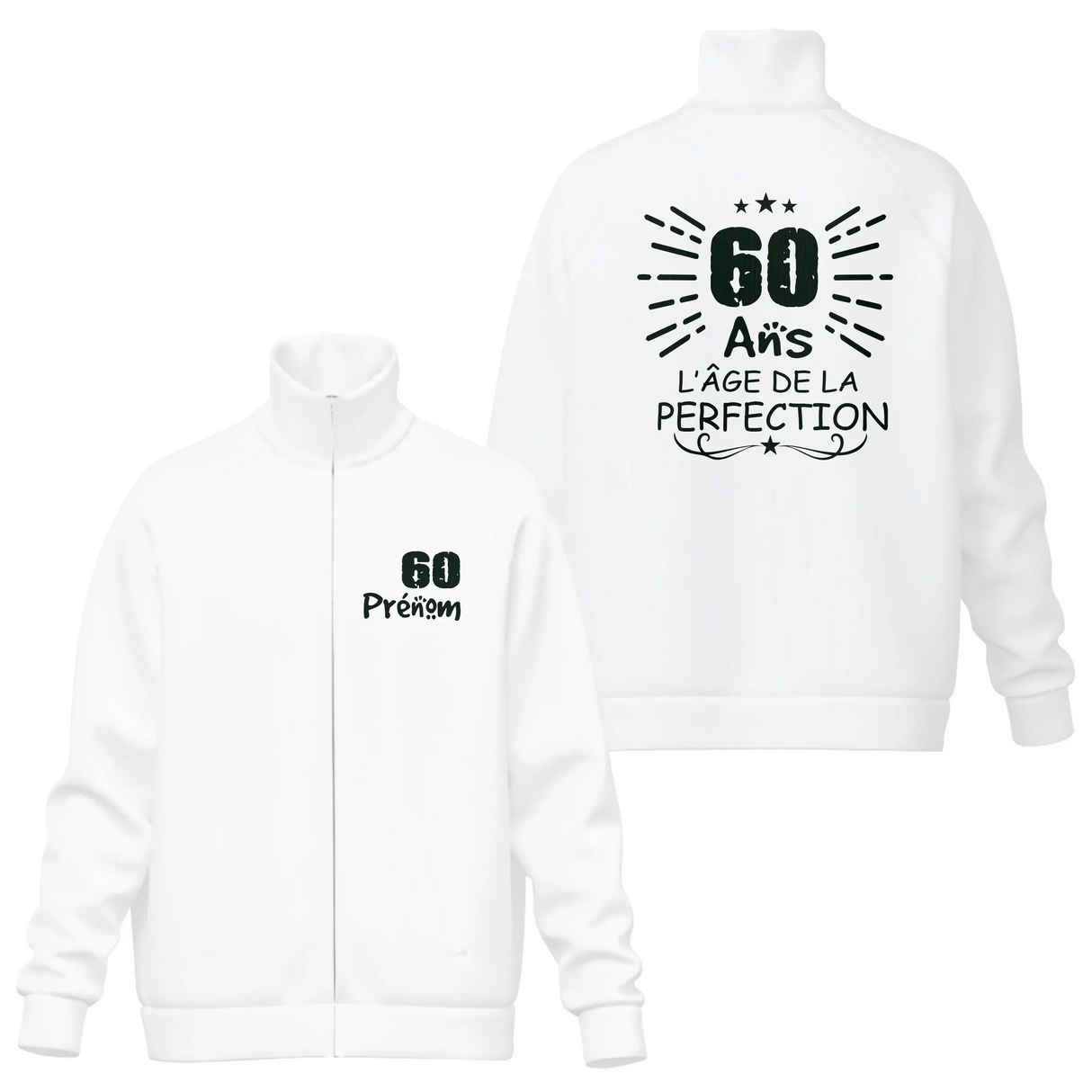 Veste col montant 60 ans personnalisée blanche avec typographie L'âge de la perfection