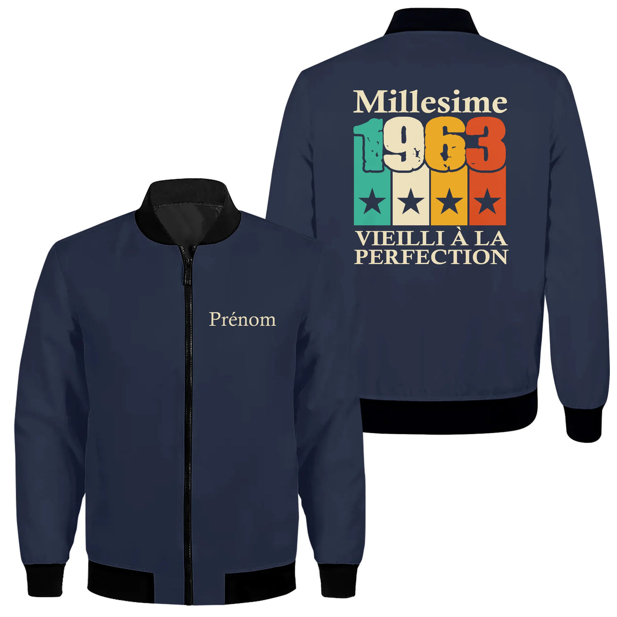 Veste zippée millésime 1963 personnalisée bleu marine slogan Vieilli à la perfection