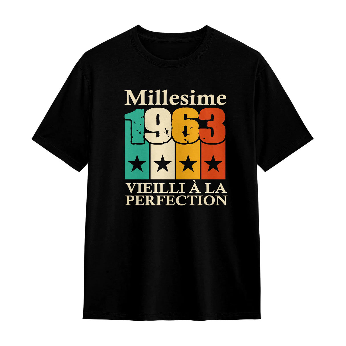 T-shirt millésime 1963 personnalisé noir avec slogan Vieilli à la perfection couleurs vintage