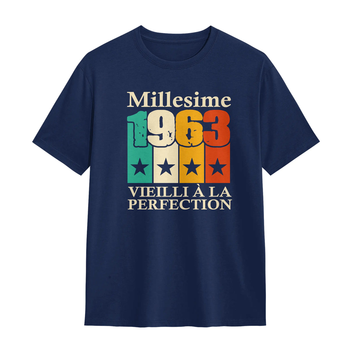 T-shirt millésime 1963 personnalisé bleu marine avec typographie rétro multicolore vintage