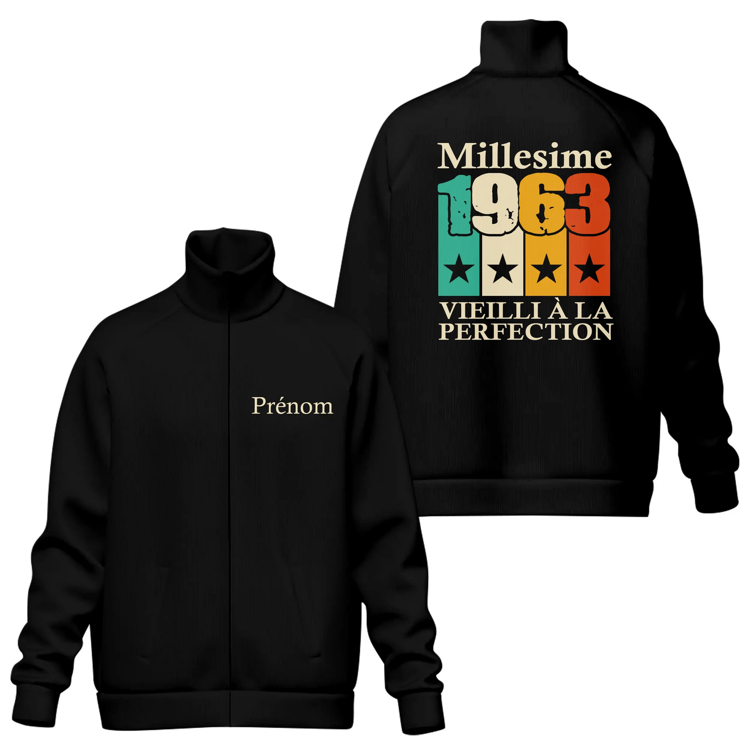 Veste T-shirt Millésime 1963 personnalisable avec prénom – Cadeau vintage unique - A14012505 - Veste col montant noire