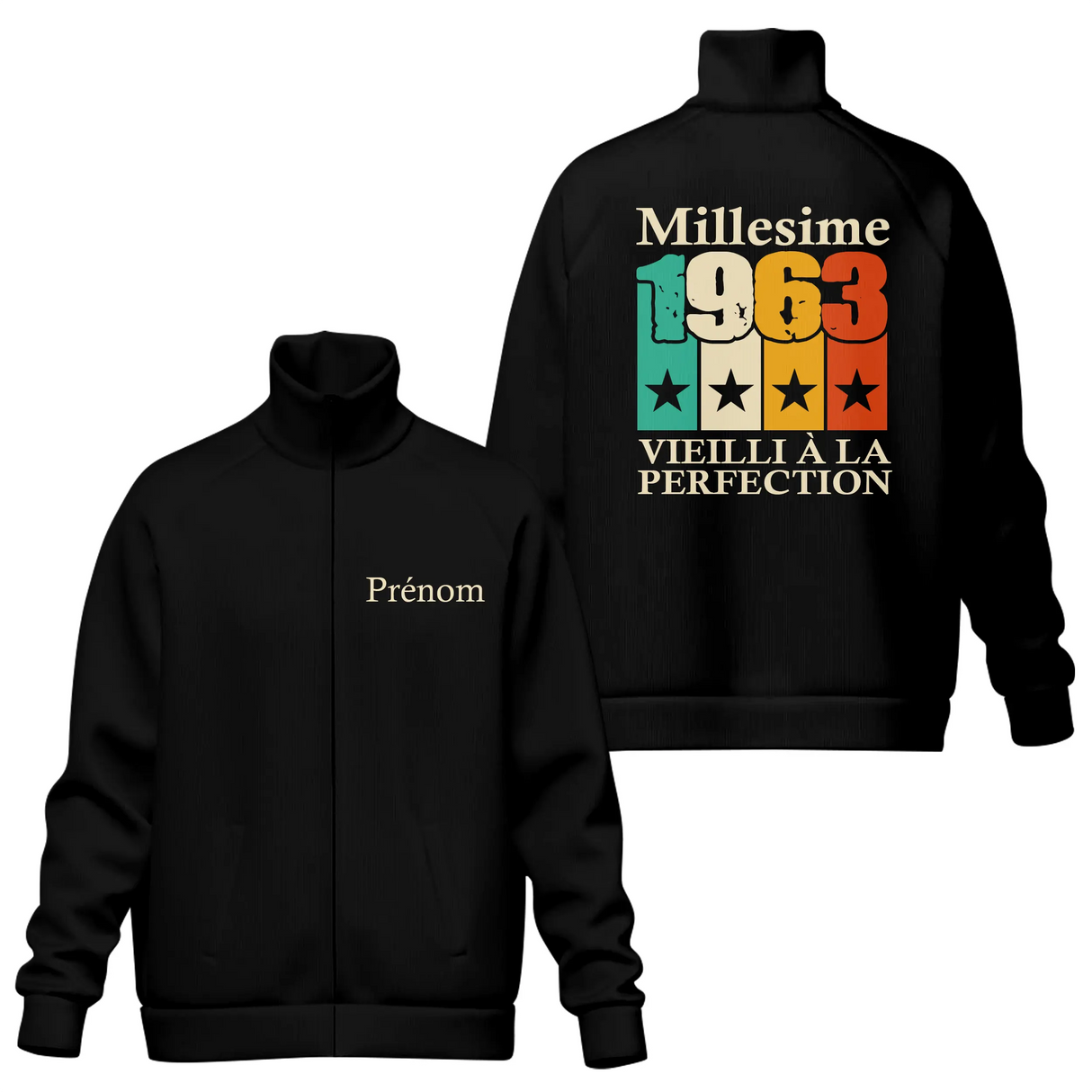 Veste col montant millésime 1963 noire avec slogan Vieilli à la perfection couleurs
