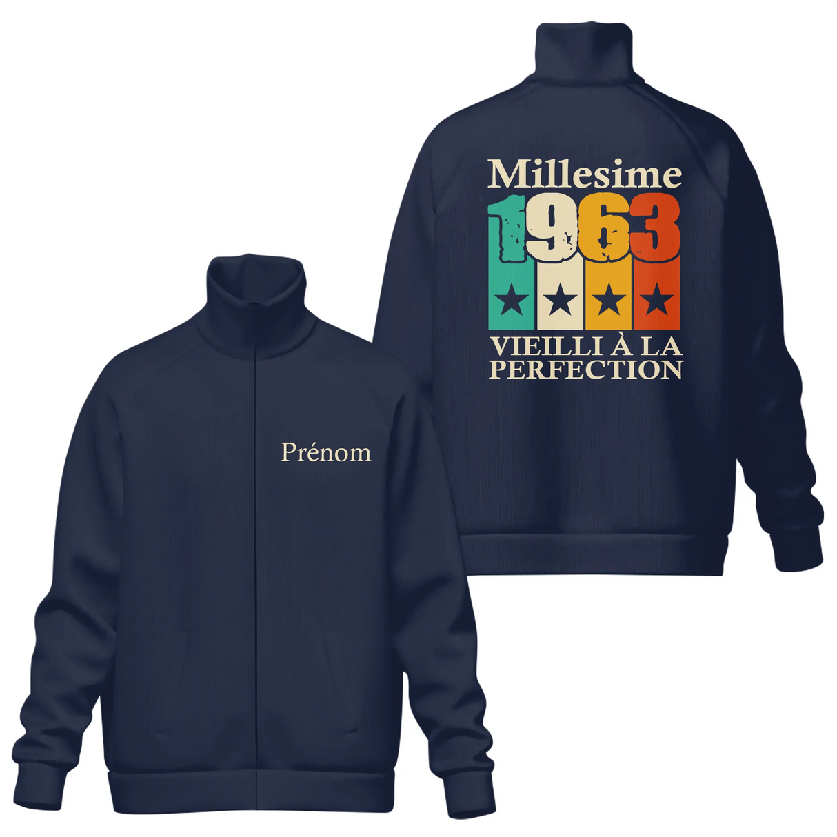 Veste col montant millésime 1963 bleu marine avec typographie rétro multicolore vintage