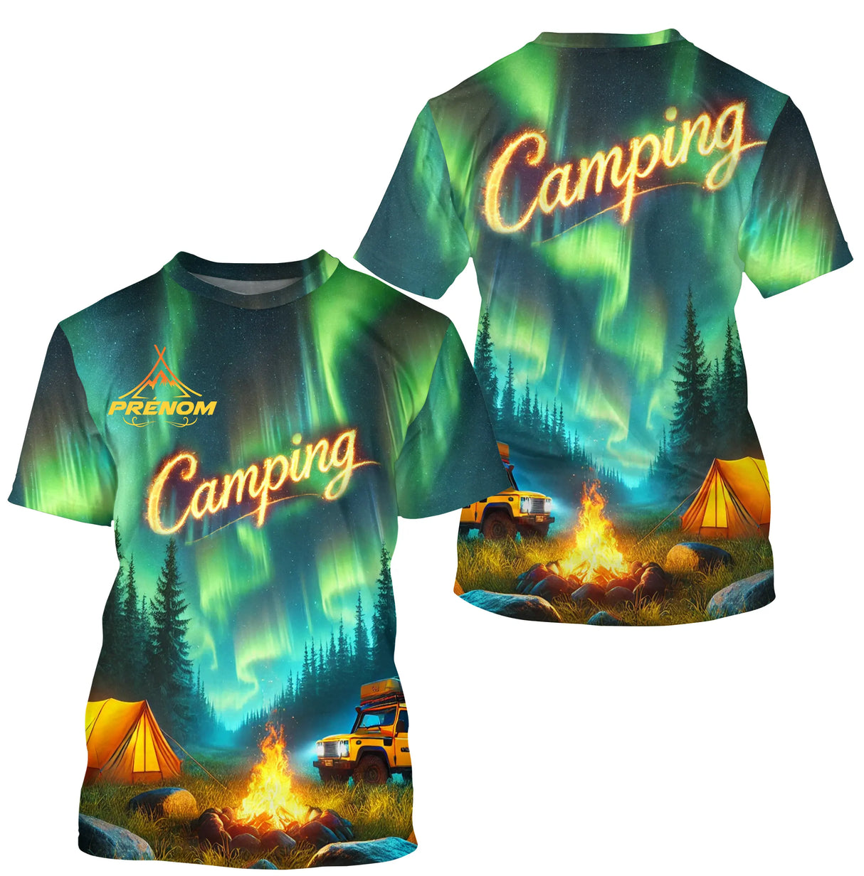 T-shirt camping personnalisé vert bleu orange avec aurores boréales feu de camp et tente prénom