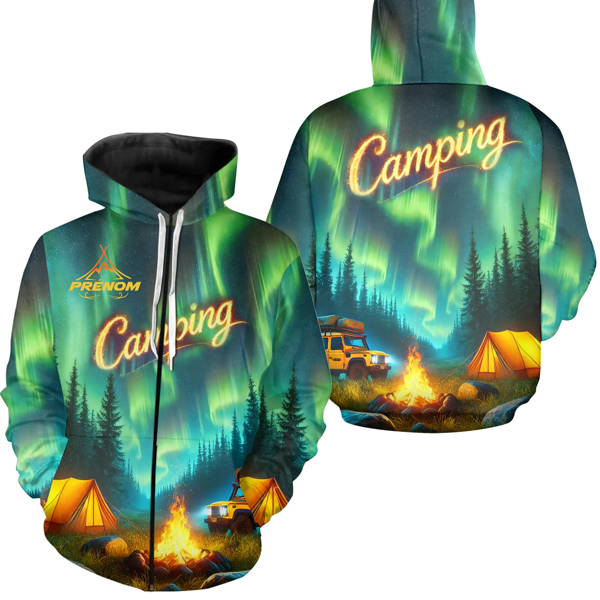 Sweat à capuche zippé camping aurores boréales avec tente sous étoiles et 4x4 jaune prénom