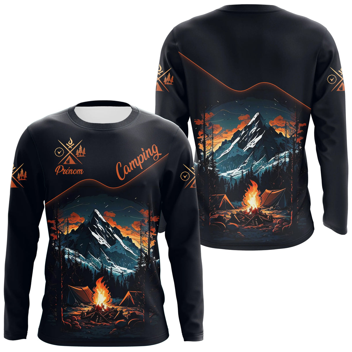 Anti-UV à capuche camping marine orange design montagne tente et feu de camp avec prénom