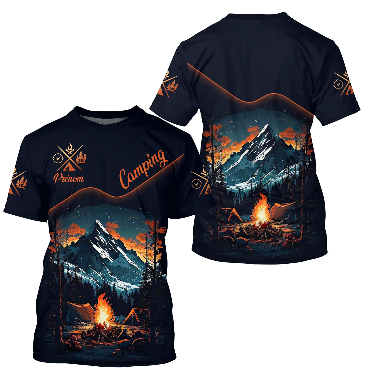 T-shirt camping personnalisé bleu marine avec montagne enneigée tente feu de camp orange et prénom