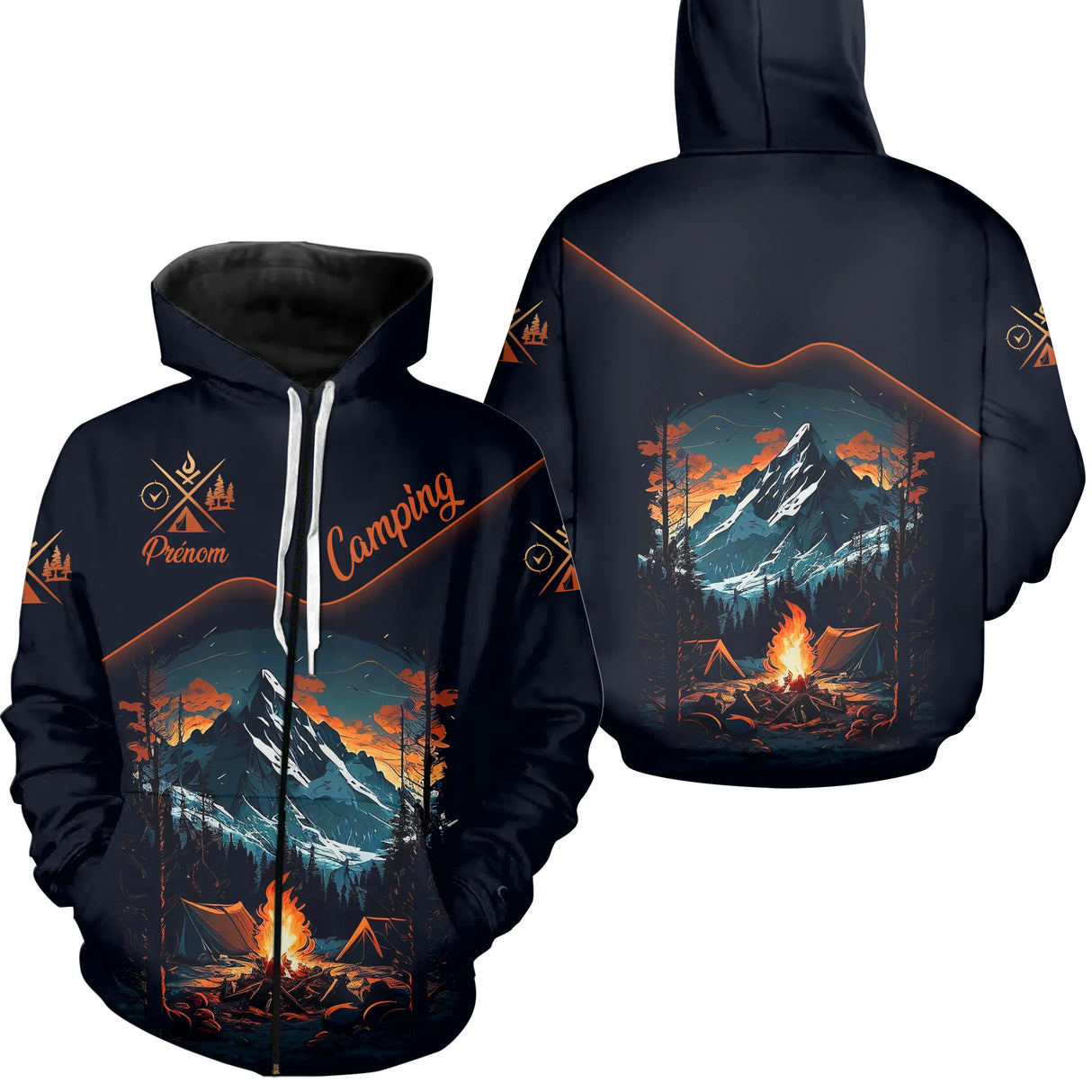 Sweat à capuche zippé camping marine avec sommet enneigé feu de camp et prénom au torse