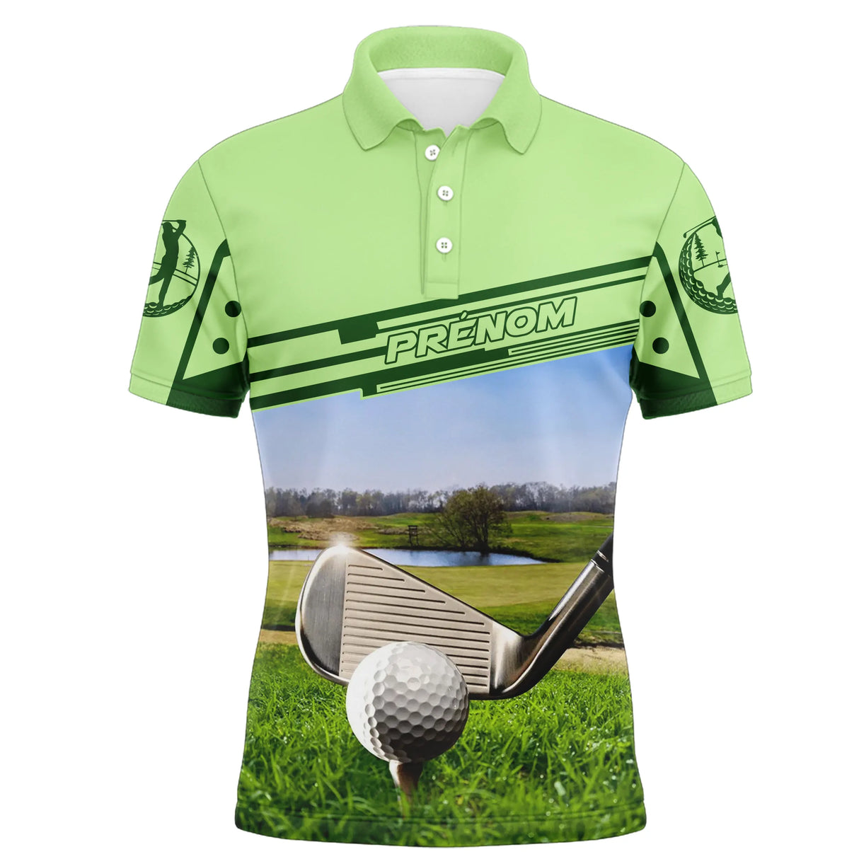 Polo golf vert clair homme avec parcours de golf, balle blanche et club sur fairway, prénom personnalisé