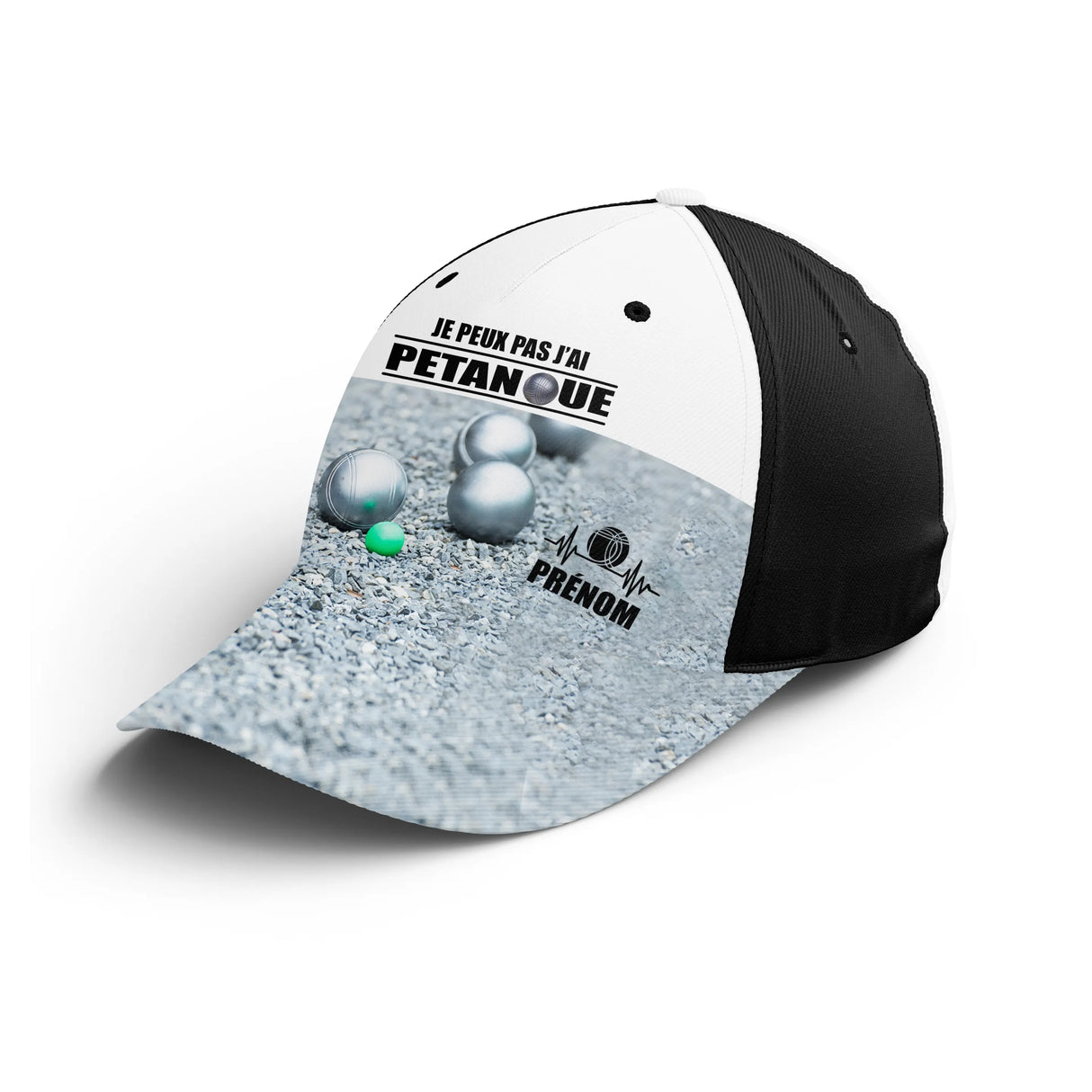 Casquette pétanque blanche humour j'peux pas boules sol gravillonné prénom côté broderie bouliste personnalisée