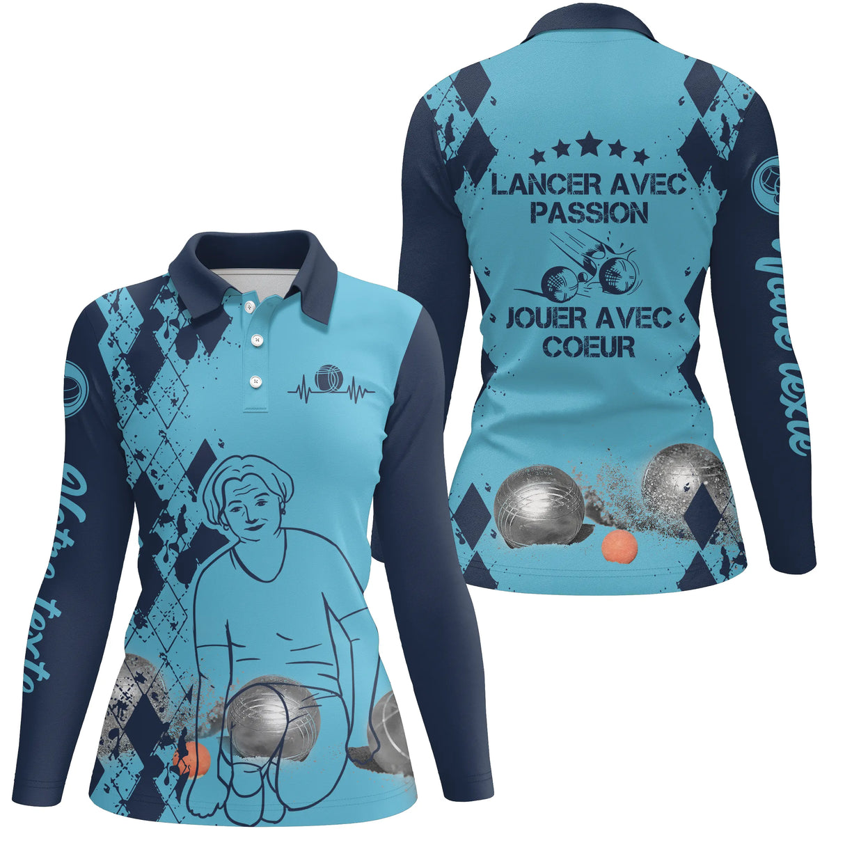 Polo manches longues femme bleu Lancer avec passion dos joueuse boules prénom personnalisé