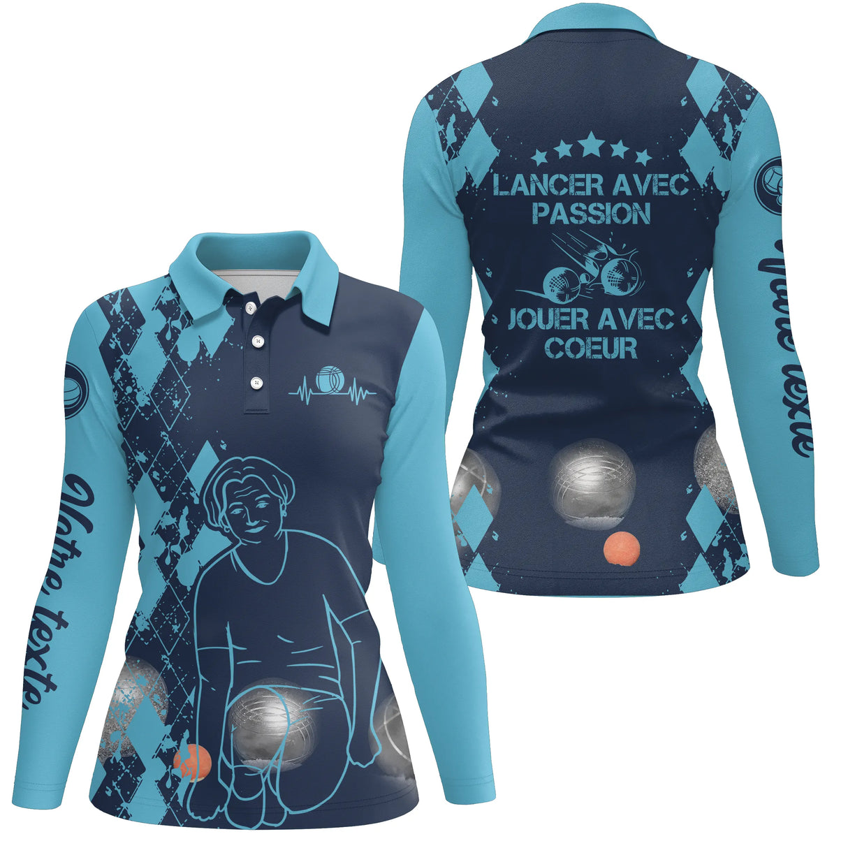 Polo manches longues femme bleu marine Lancer avec passion dos joueuse boules prénom personnalisé