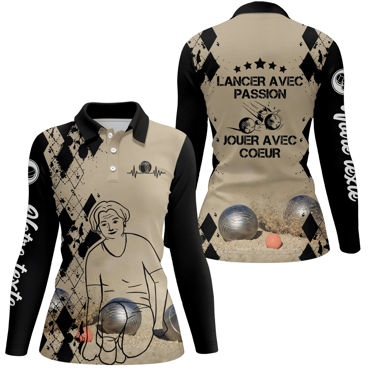 Polo manches longues femme sable Lancer avec passion dos joueuse boules prénom personnalisé