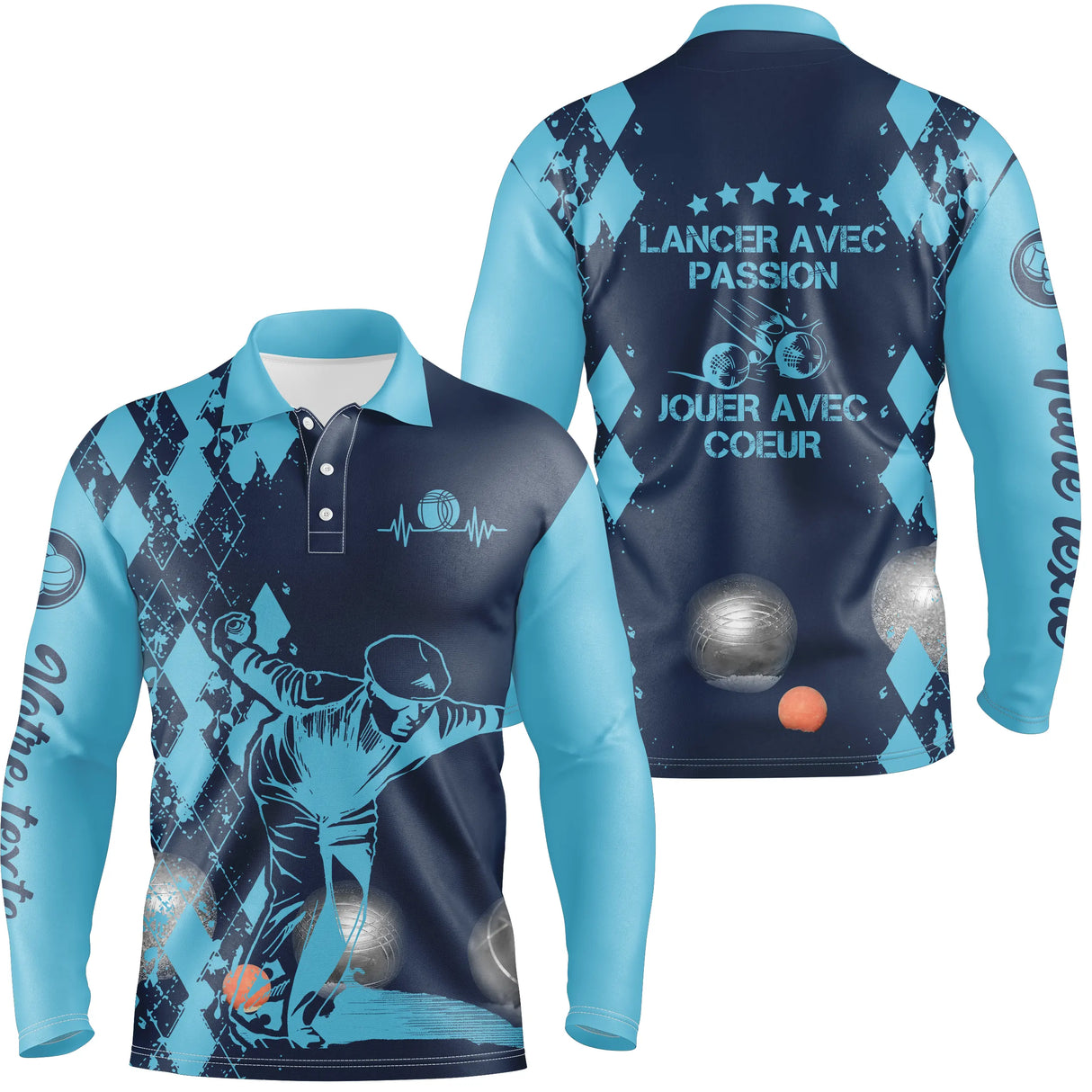 Polo manches longues homme bleu marine Lancer avec passion dos joueur boules prénom personnalisé