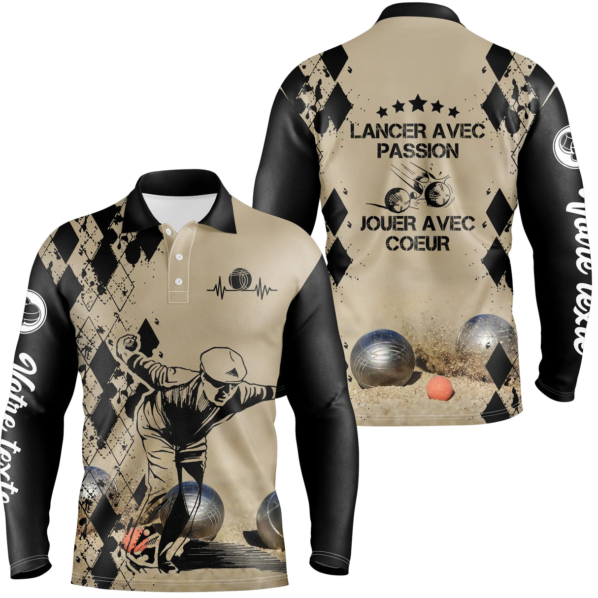 Polo manches longues homme sable Lancer avec passion dos joueur boules prénom personnalisé