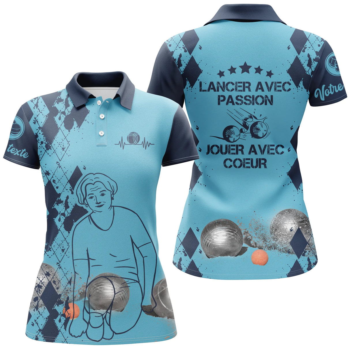 Polo pétanque femme bleu Lancer avec passion dos joueuse boules prénom manche personnalisé