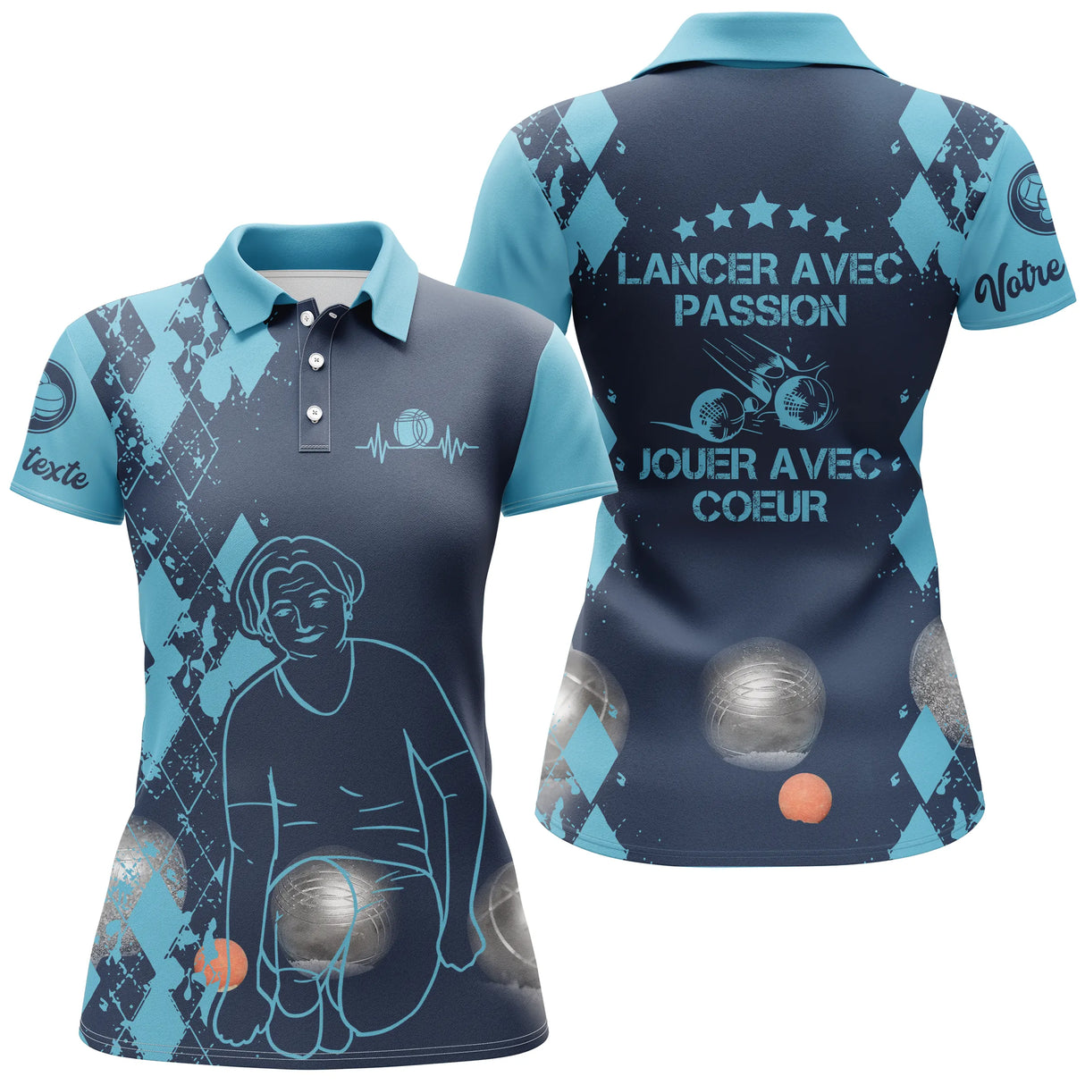 Polo pétanque femme bleu marine Lancer avec passion dos joueuse boules prénom manche personnalisé