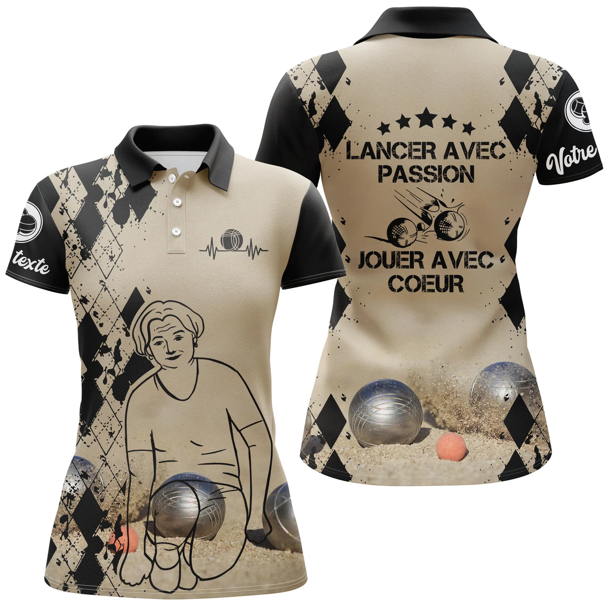 Polo pétanque femme sable Lancer avec passion dos joueuse boules prénom manche personnalisé