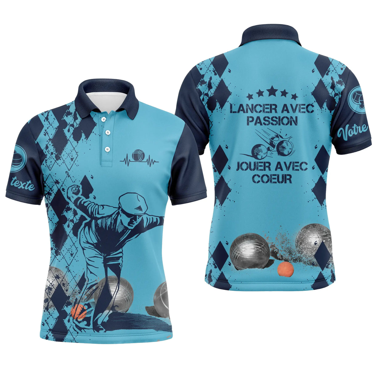 Polo pétanque homme bleu Lancer avec passion jouer avec coeur dos joueur boules prénom manche personnalisé