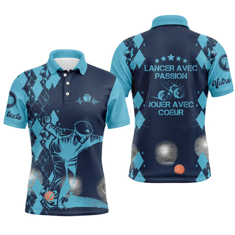 Polo Personnalisé Homme Femme, Cadeau Humour Bouliste, Lancer Avec Passion - Jouer Avec Coeur - CT14112350 - Polo Homme  Marine