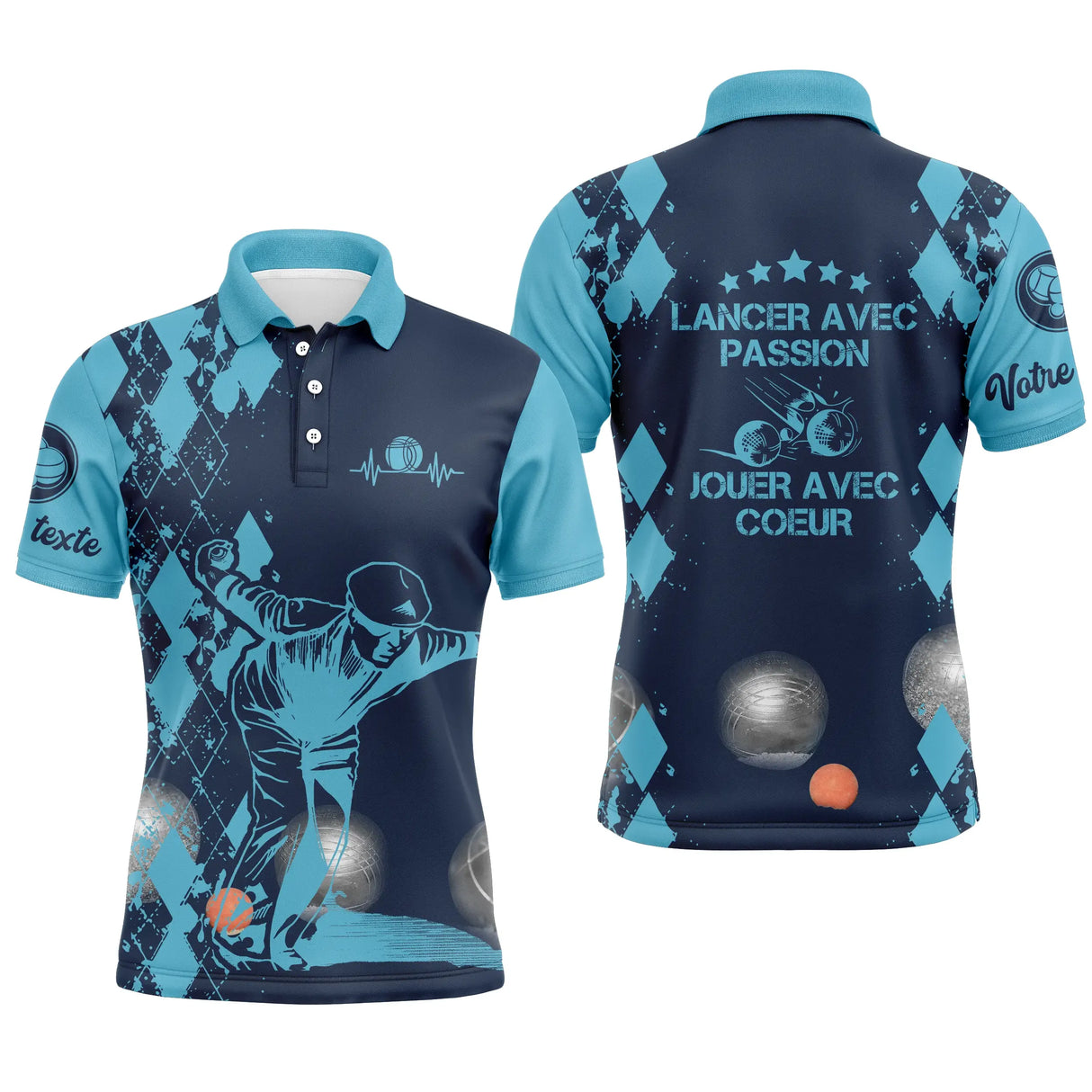 Polo pétanque homme bleu marine Lancer avec passion dos joueur boules prénom manche personnalisé